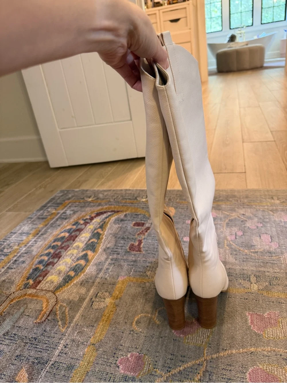 Kailani Cream Off White Leather Knee-High Stacked Heel Boots with Pointed Toe